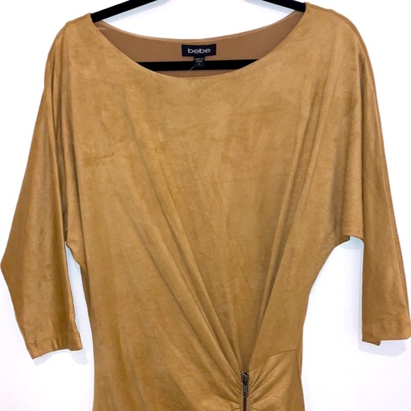 NWT Bebe Mini Dress Body-Hugging “Suede-like” Material Tan Small - Picture 3 of 12